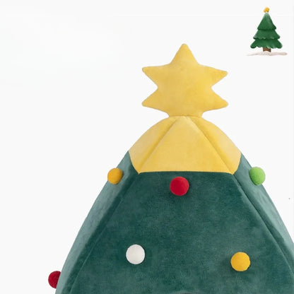 Christmas tree-shaped plush pet cave bed with detachable cover in three sizes for cats and small dogs