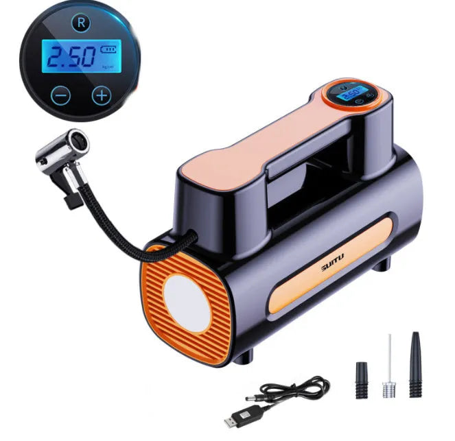 Cordless portable car tyre inflator pump with digital LCD display on black ABS plastic body