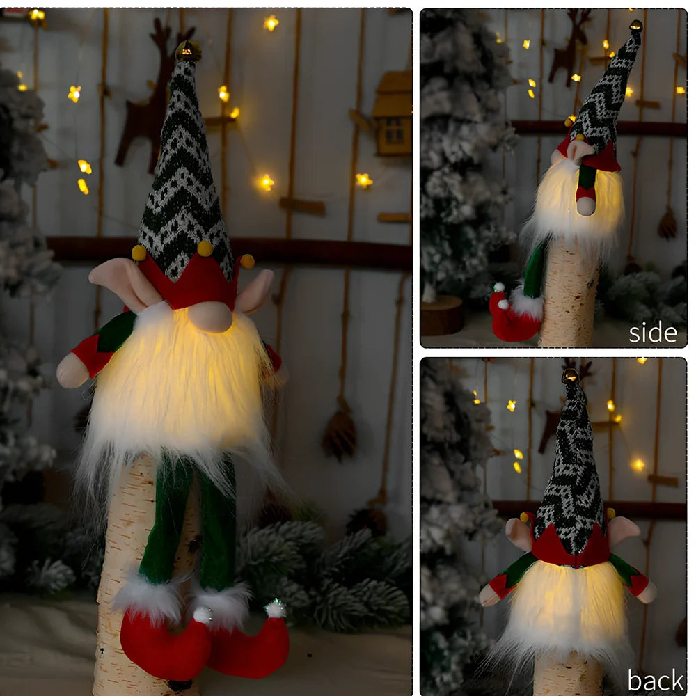 Christmas elf Rudolph doll with LED lights and striped fabric hat, 25cm tall