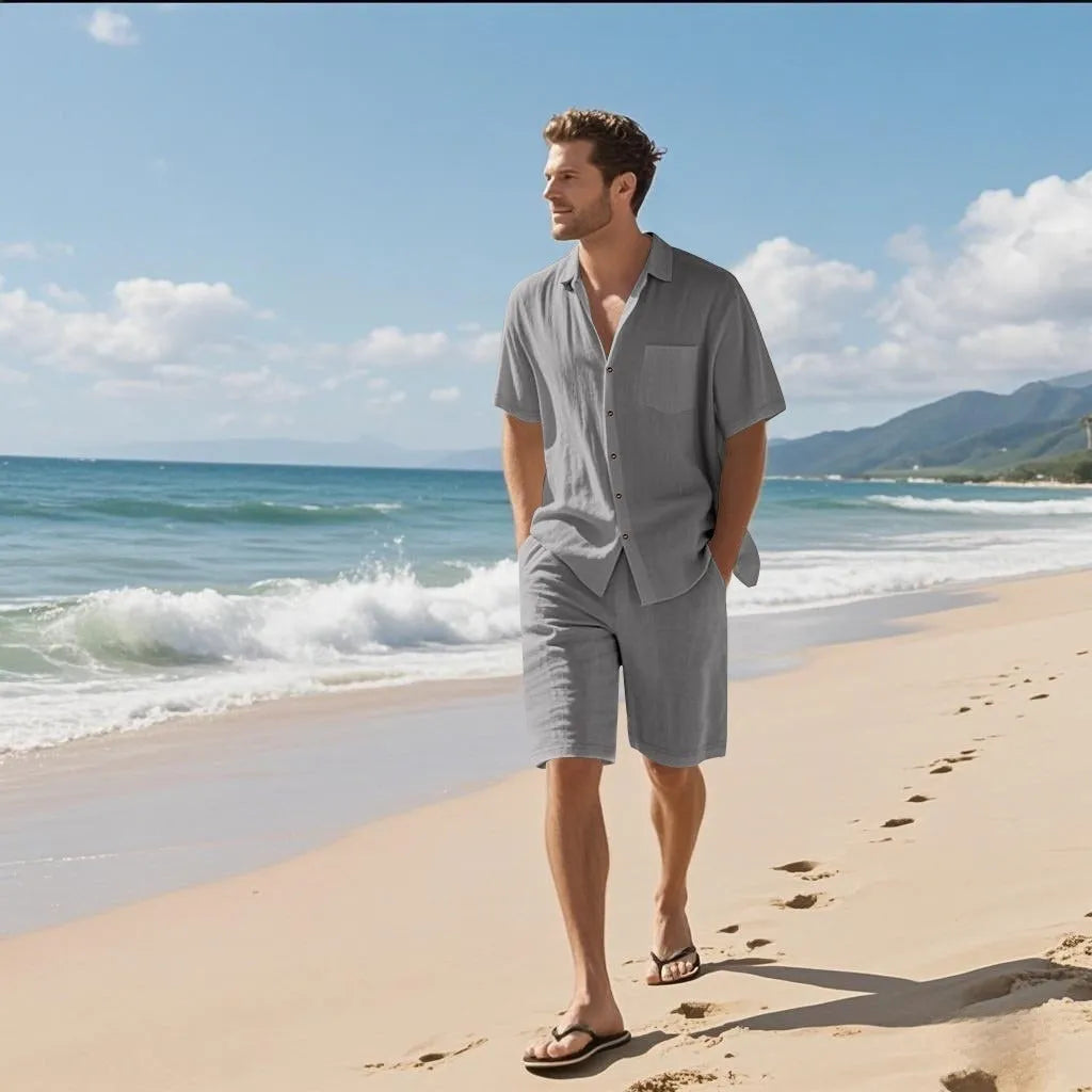 Linen leisure breathable short sleeve shirt beach suit in Army Green, showing top and shorts set
