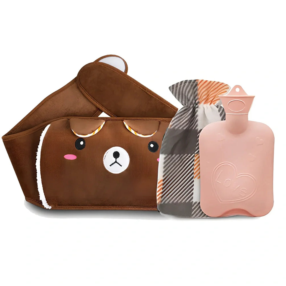 Winter water bottle belt with brown bear removable cover showing hand warmer pocket and large thread stopper