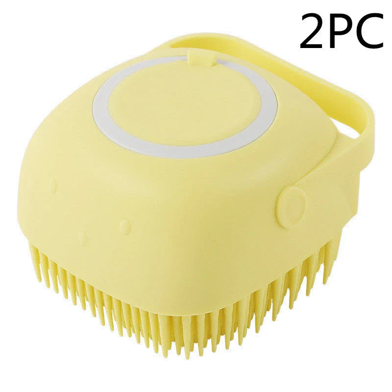 Silicone pet bath brush with shampoo dispenser, designed for gentle grooming and soothing massage