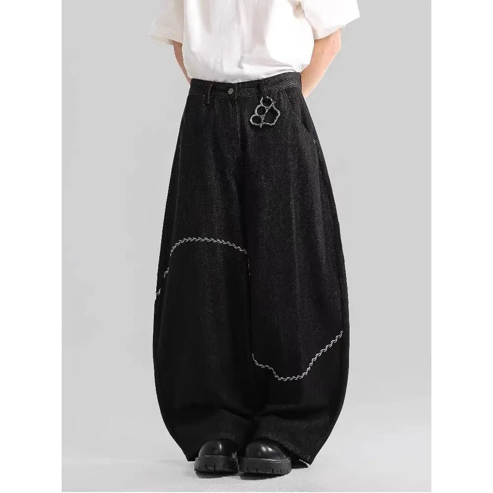 Black straight-leg polyester denim trousers with micro-elastic stretch and zip fly placket