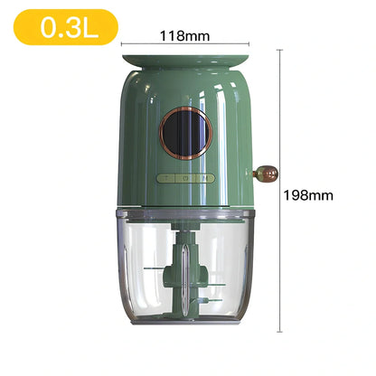 White baby food machine with USB charging cable, 100x100x195mm dimensions