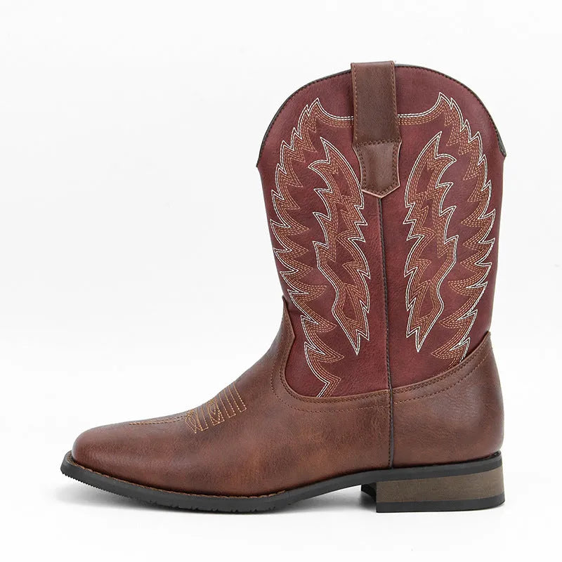 Men's black western denim square toe motorcycle boots with low wedge heel and embroidery detail.
