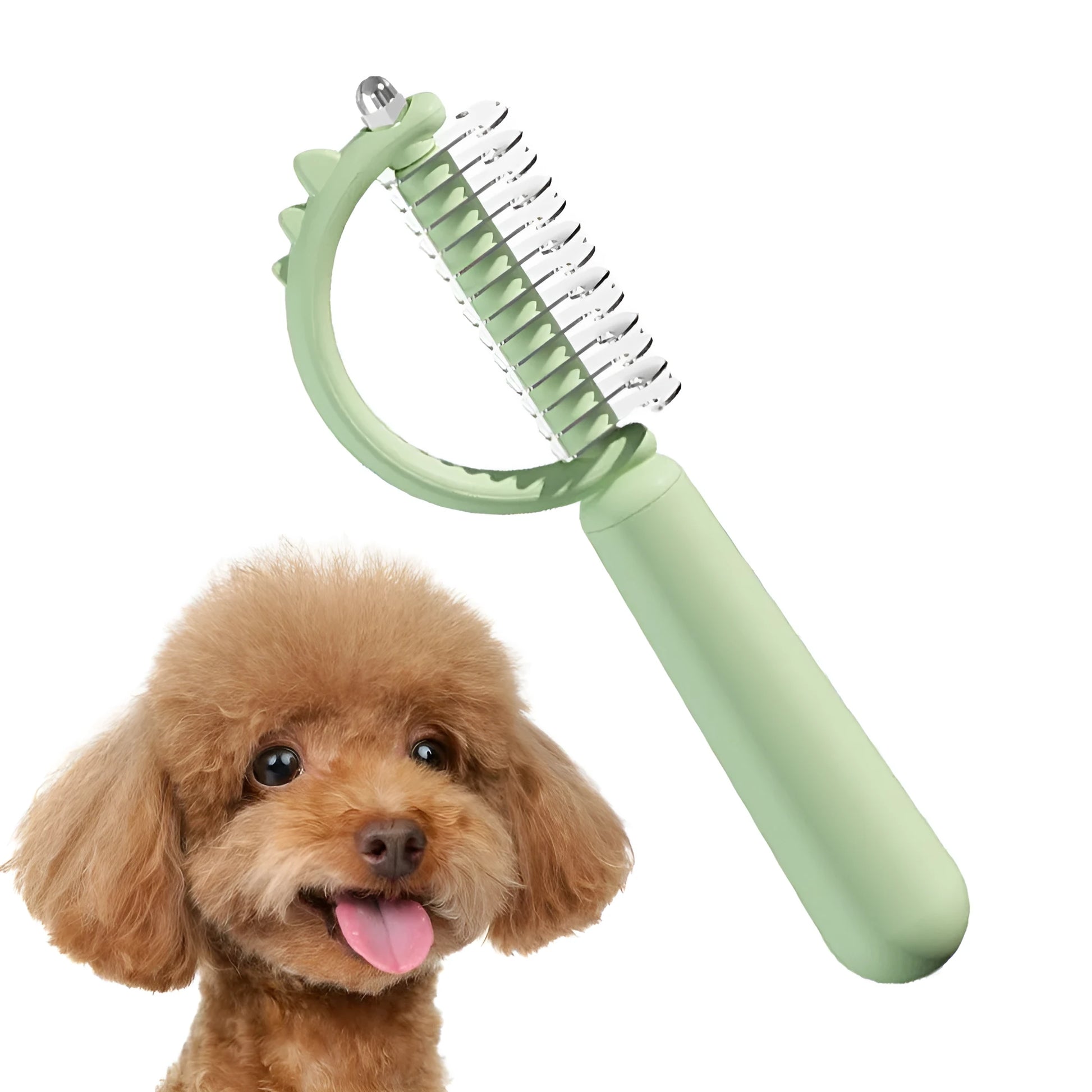 Blue dinosaur-shaped self-cleaning slicker brush for pet grooming on white background