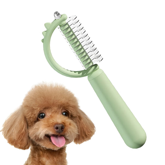 Blue dinosaur-shaped self-cleaning slicker brush for pet grooming on white background