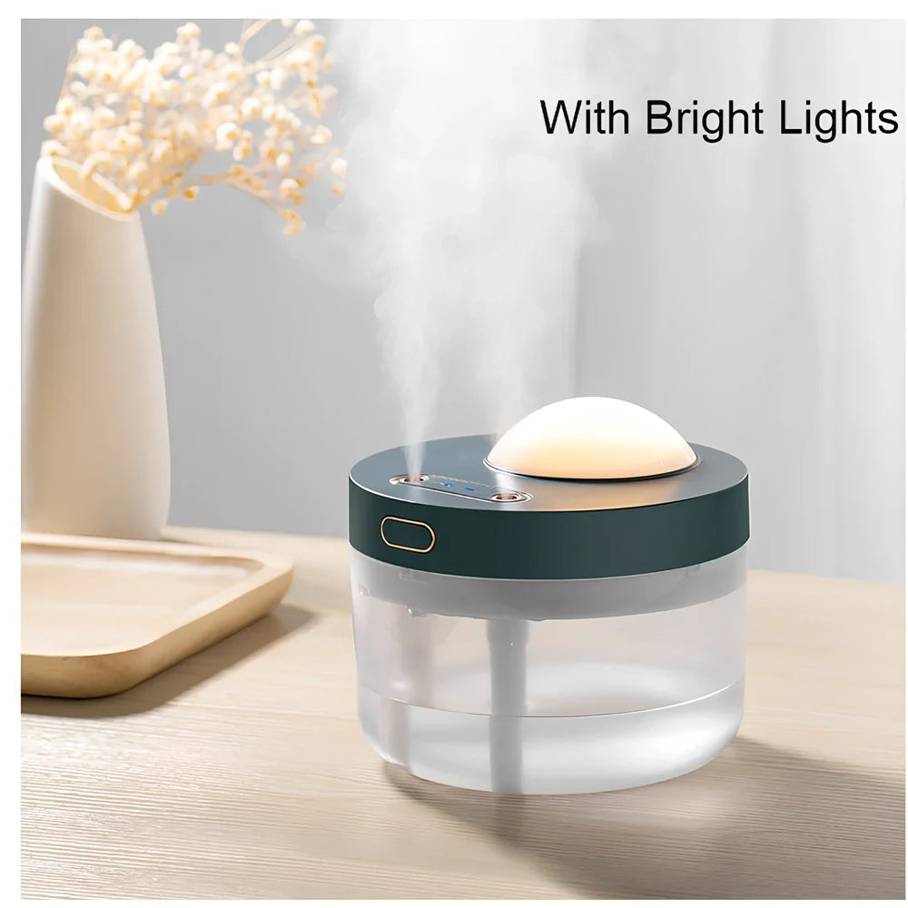 White portable humidifier with rotating projection light showing blue illumination and dual spray mist output