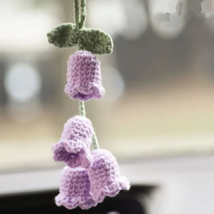 Green and white knitting wool car plant decoration with 8cm base and 25cm hanging rope