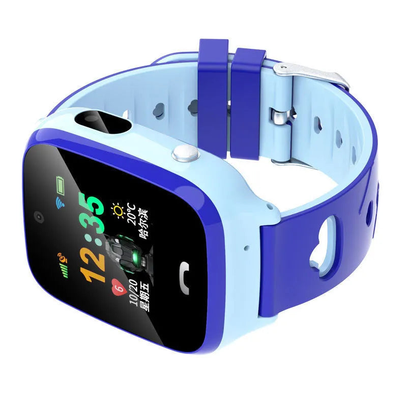 Blue children's smartwatch with GPS positioning, HD touch screen, and silicone wristband