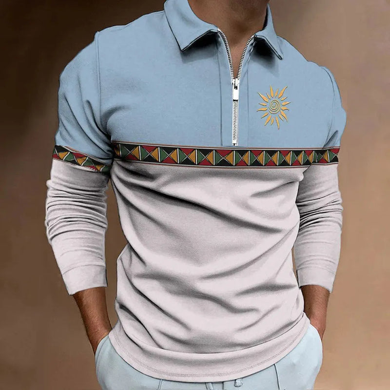 Men's loose fit long sleeve golf polo shirt with retro colour printing, zip detail decoration, polyester birdseye knit fabric for casual sportswear or smart casual wear in spring and autumn seasons.