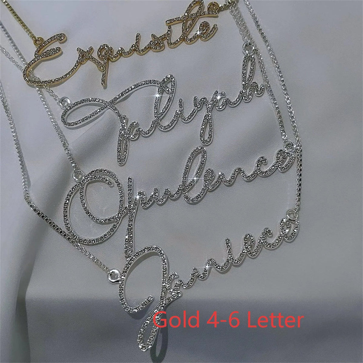 Stainless steel name necklace with diamond-studded English letters on adjustable chain in gold, rose gold, or silver