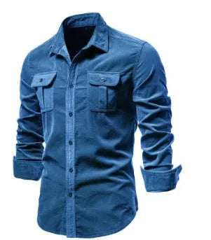 Men's long-sleeve linen shirt in Denim Blue colour, showing button front and sleeve detail