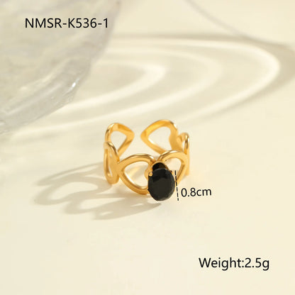 Titanium steel open mouth ring with geometric design and inlaid zircon stones for women