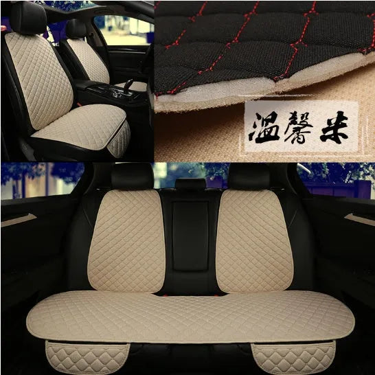 Flax linen car seat cover protector in beige, black, red and brown, with cushion and five-seat style options.