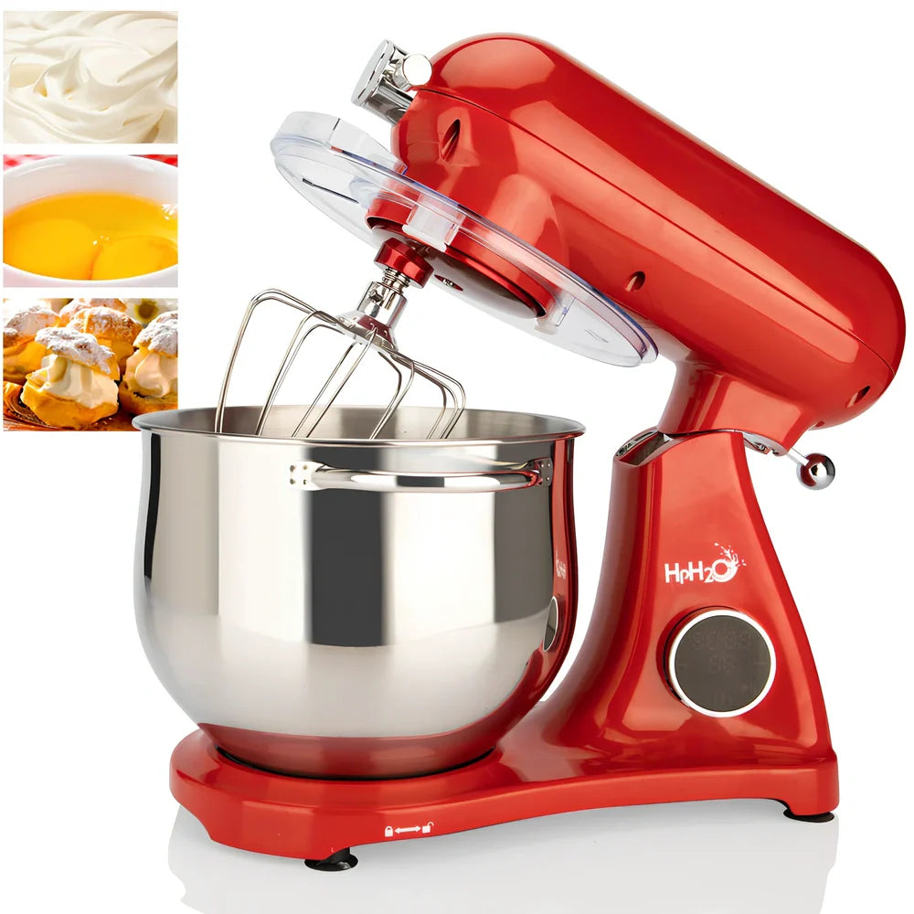 Red SM-1522ML stand mixer with metal body, digital controls, and stainless steel mixing bowl on kitchen counter
