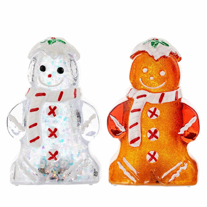 Glowing gingerbread man Christmas ornament measuring 6.5cm wide with LED lights and red scarf