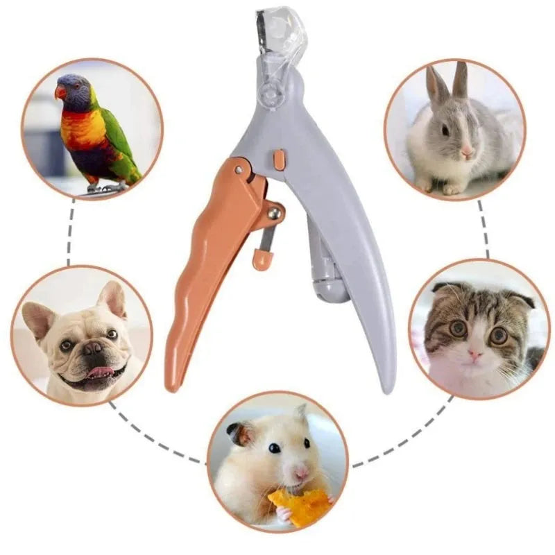 Yellow plastic pet nail clipper with LED light and magnifying lens for dog and cat grooming