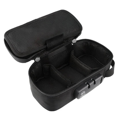 Black 20x10x7.2cm smell proof bag with lock, activated carbon lining and internal pockets for odour-free storage