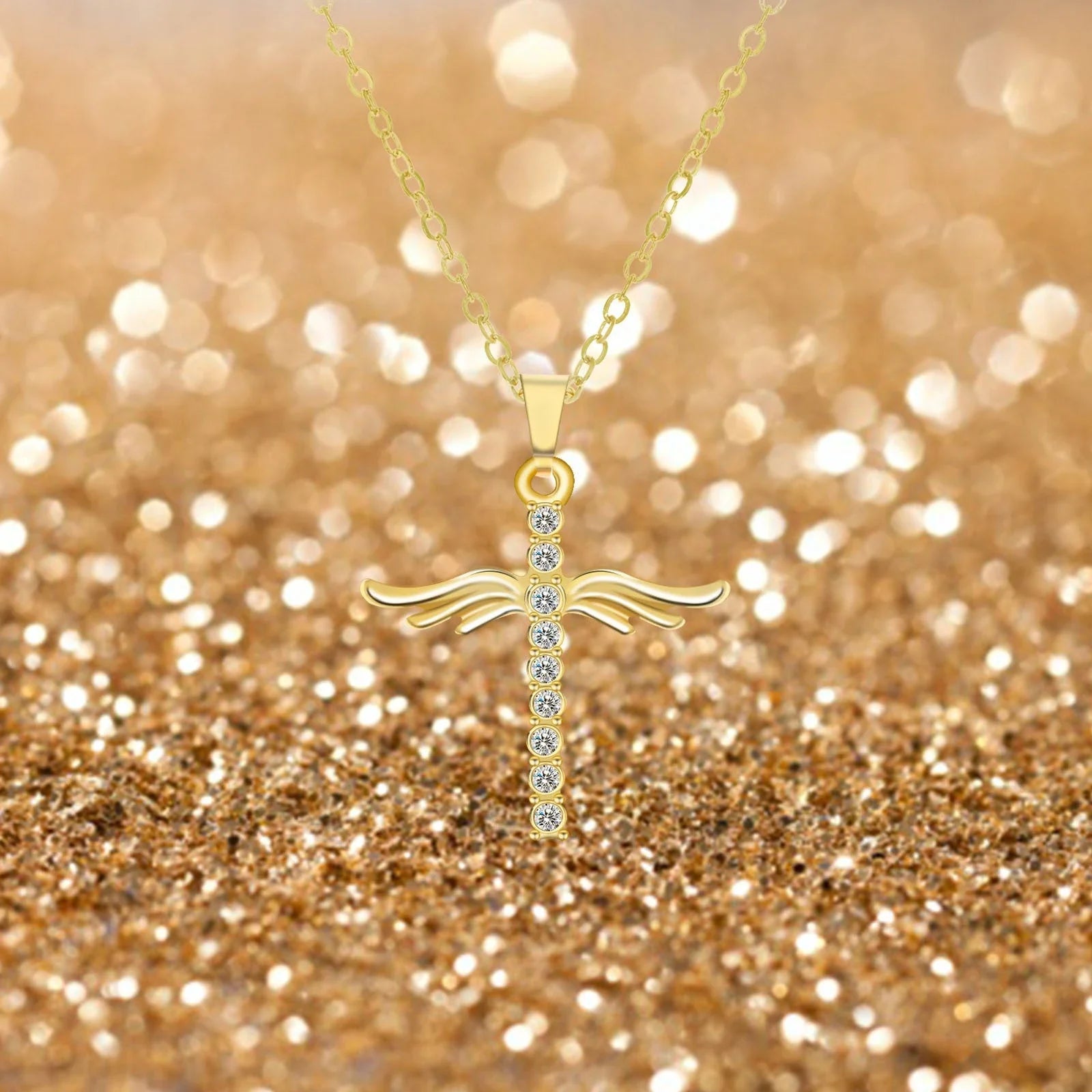 Elegant Angel Wings Cross Pendant Necklace with Adjustable Stainless Steel Chain in Gold and Silver Tones