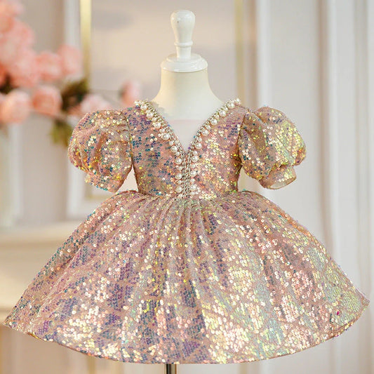 Pink girls' dress with princess-style details, suitable for heights 80cm to 150cm