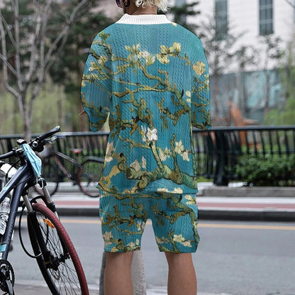 Men's peacock blue 3D printed knitted shorts suit with T-shirt style jacket and fifth pants length
