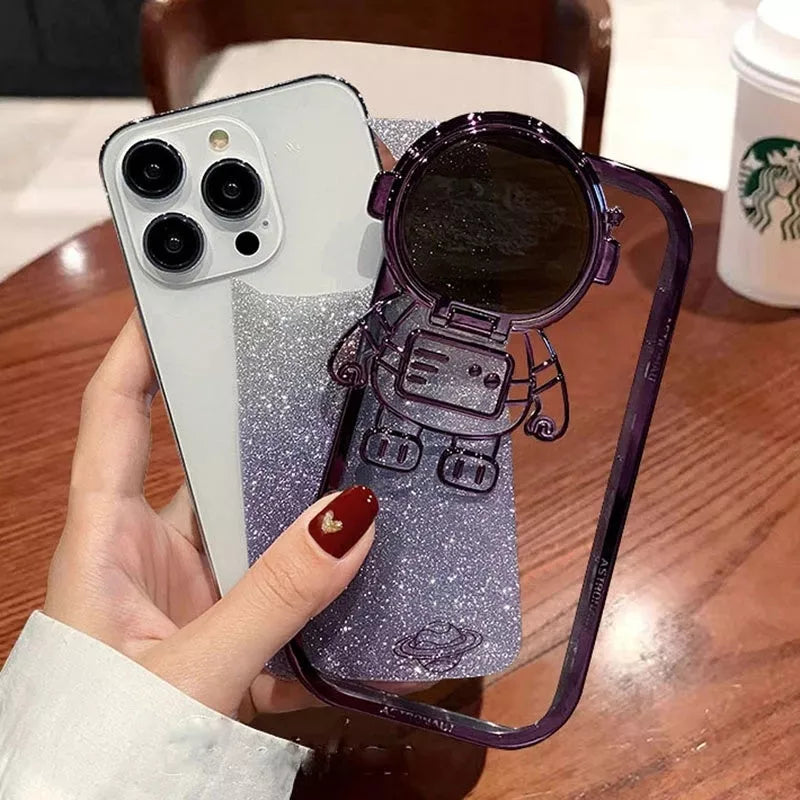 Glitter Astronaut Phone Case with Stand for iPhone in various colors