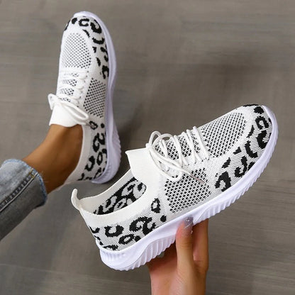 Women's leopard print lace-up sneakers with medium heel and breathable net cloth upper