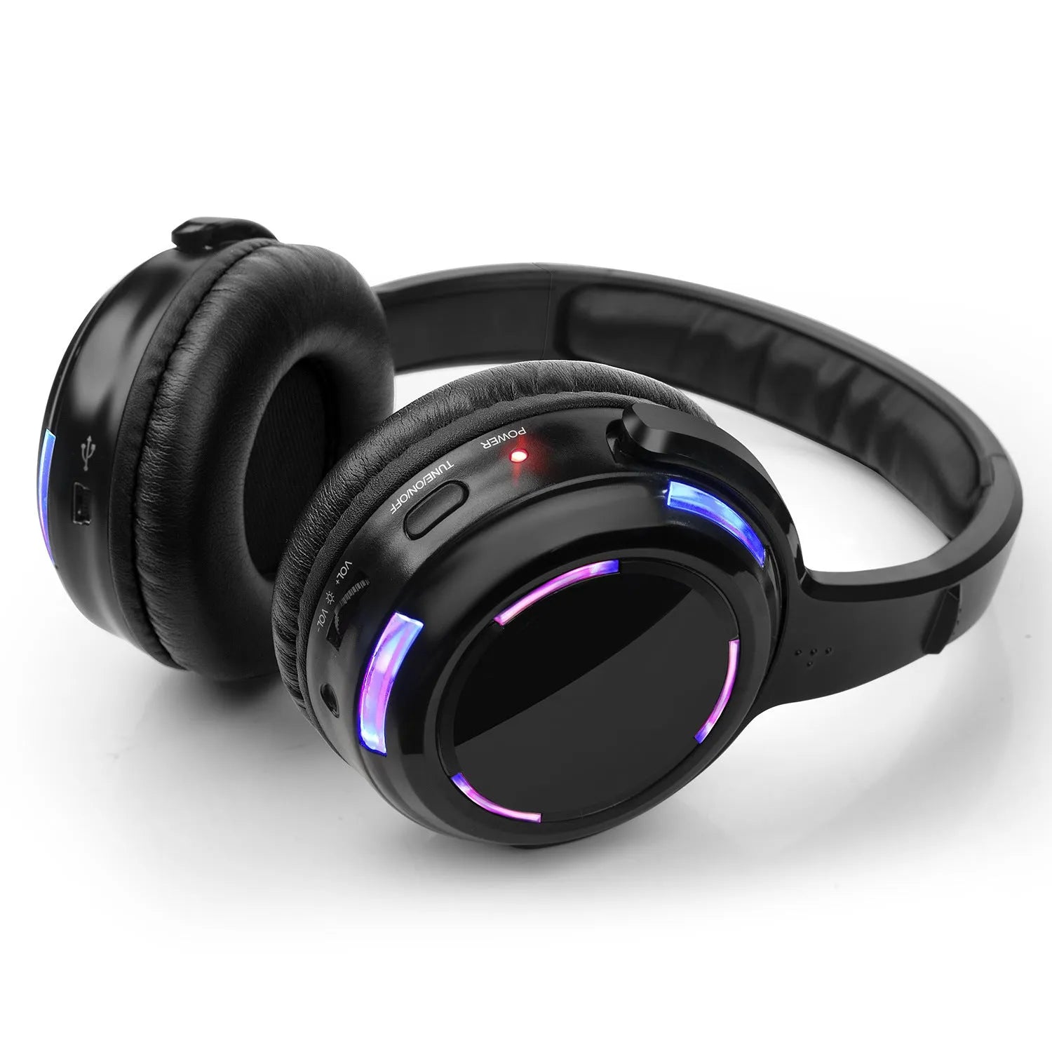 Black silent disco wireless headphones with head-mounted design showing 40mm drivers and 3.5mm plug connection