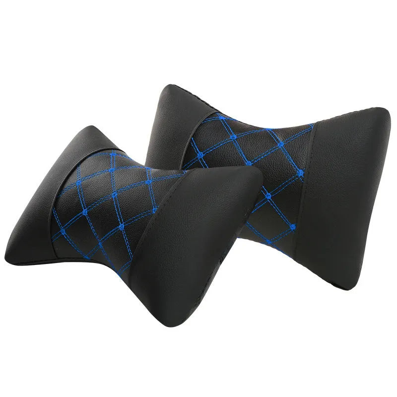 Leather quilted car headrest in black with blue lines, showing diamond check pattern and cervical neck support design.