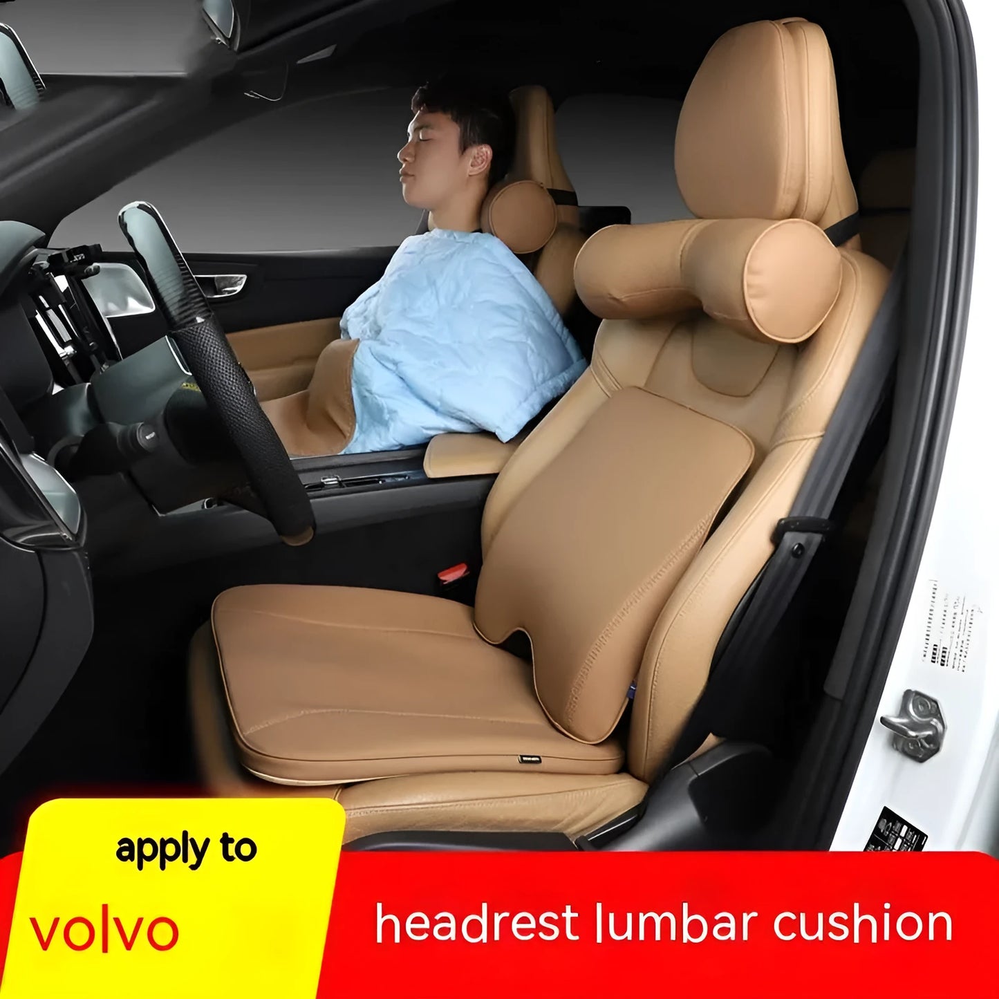 Volvo car headrest neck pillow and lumbar support cushions in brown, black, beige and coffee colours