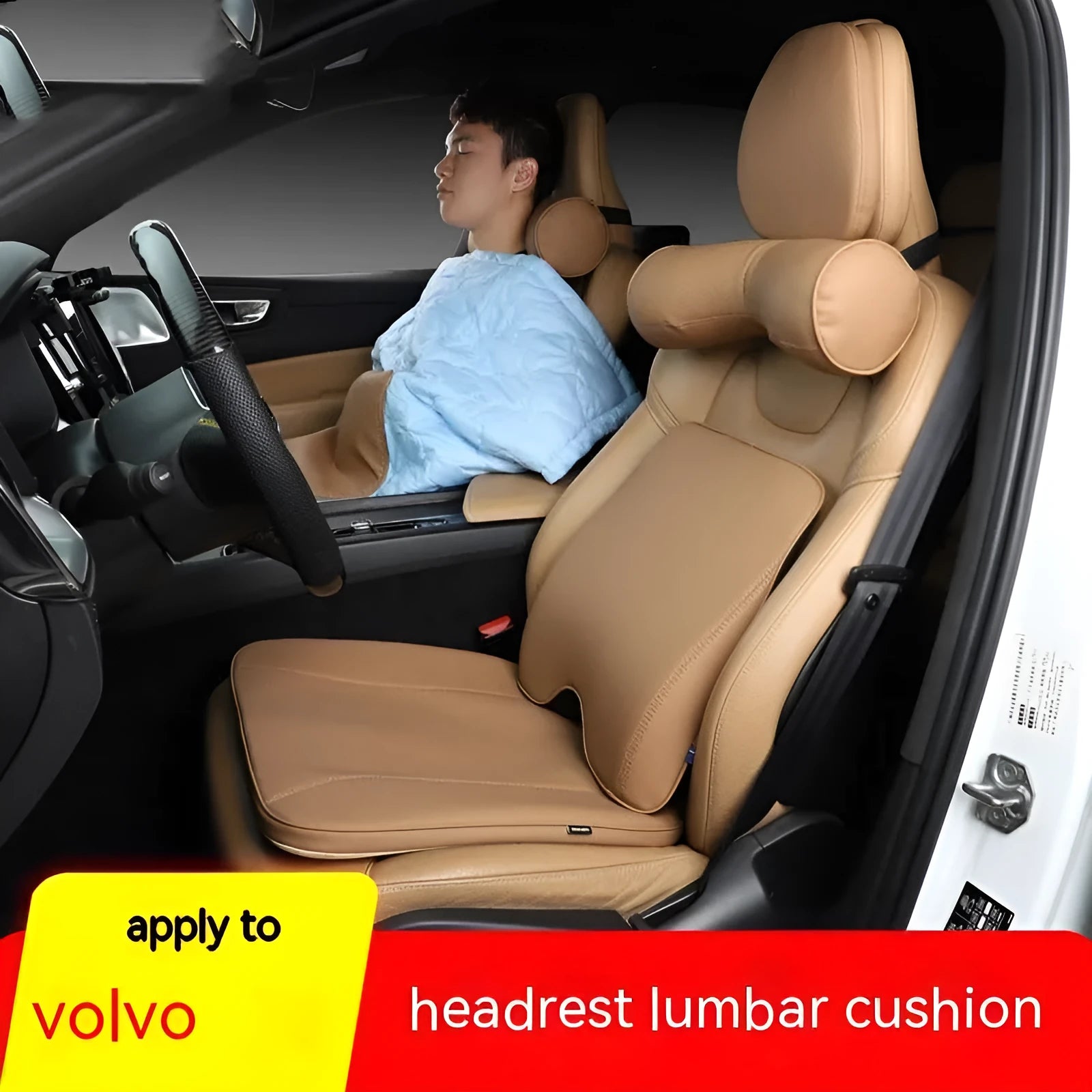 Volvo car headrest neck pillow and lumbar support cushions in brown, black, beige and coffee colours
