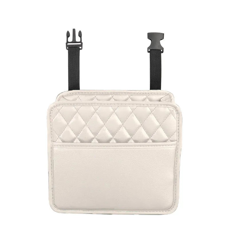 Leather car interior hanging storage bag organiser in black colour measuring 25x25x8 cm