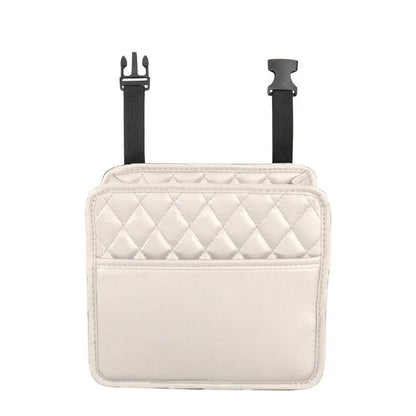 Leather car interior hanging storage bag organiser in black colour measuring 25x25x8 cm