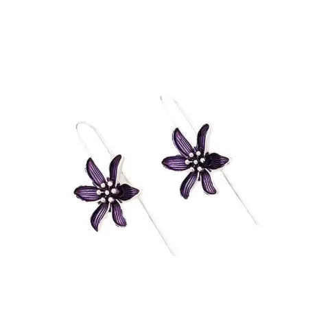 Purple flower-shaped alloy earrings with electroplated finish and post fastening