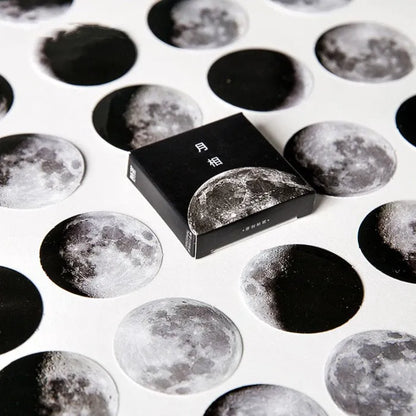 Black moon phase and calendar planet sticker set containing 45 pieces in box packaging