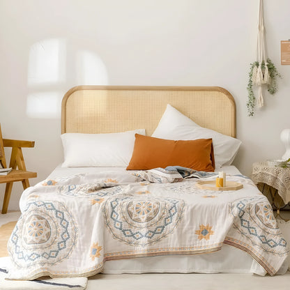 Close-up of a beige cotton waffle weave blanket with a subtle geometric pattern, showing its textured honeycomb surface.