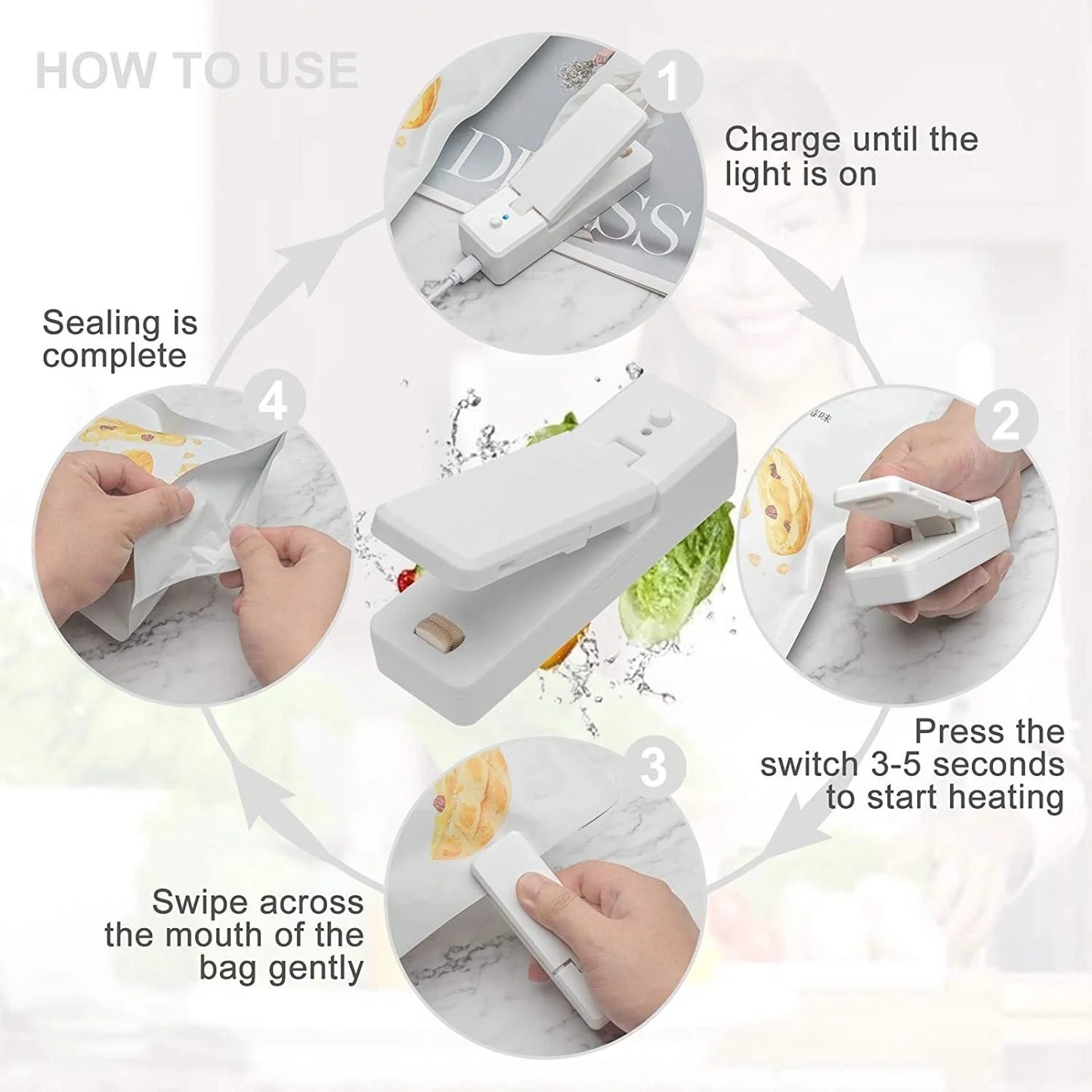 Portable ABS mini snack packaging bag heat sealing machine in white, grey, pink, and black