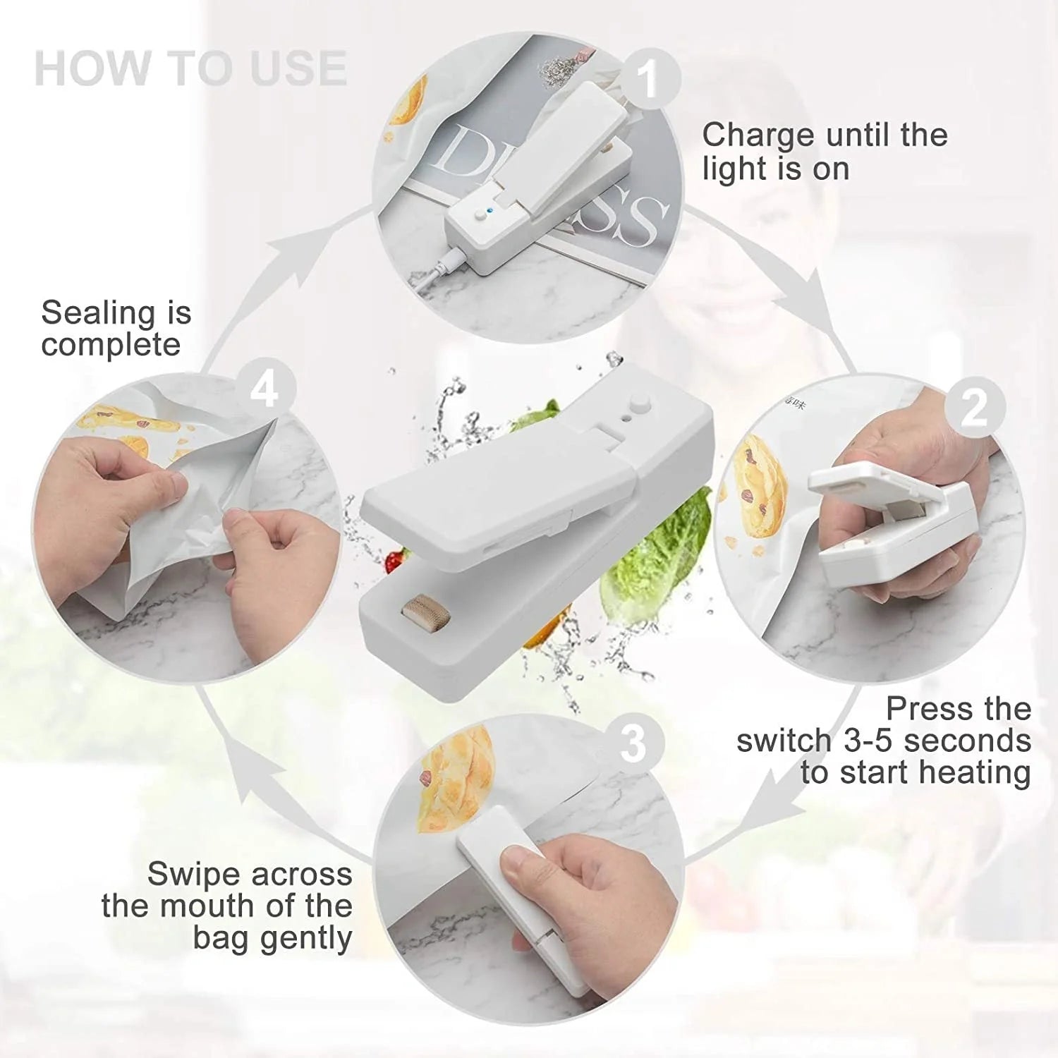Portable ABS mini snack packaging bag heat sealing machine in white, grey, pink, and black