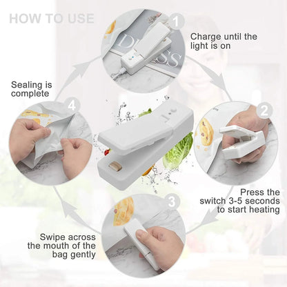 Portable ABS mini snack packaging bag heat sealing machine in white, grey, pink, and black