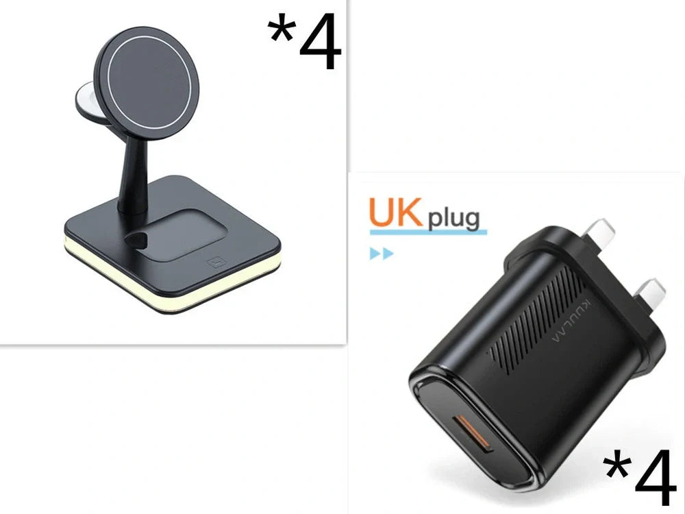 Black three-in-one wireless charger magnetic bracket on a desk charging multiple devices
