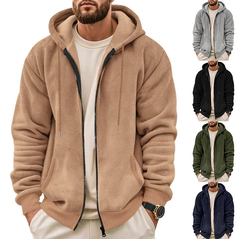 Men's grey zippered hooded sweatshirt with fleece lining and full-length front zip