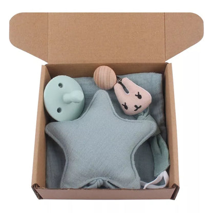 Natural cotton baby bath toy set with wooden rattle and comfort towel