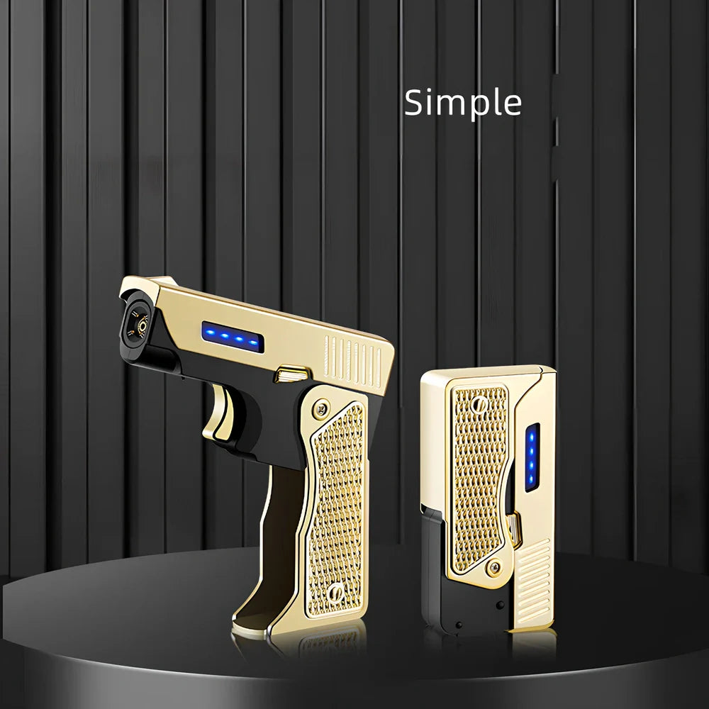 Foldable wind proof lighter showing extended and folded positions with USB charging cable