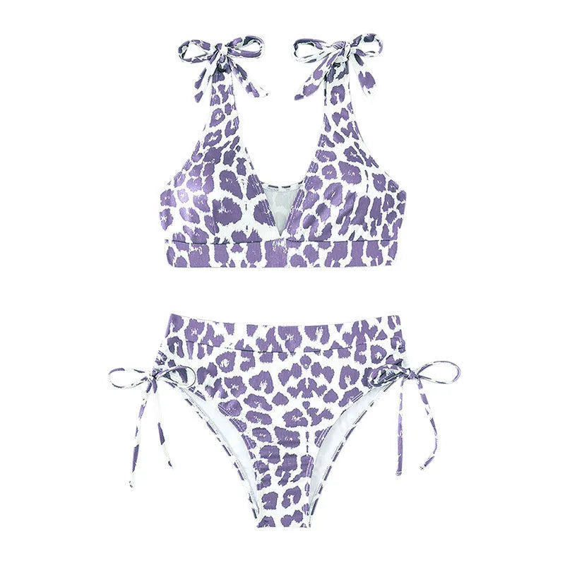 Women's purple leopard print lace-up top and high-waist shorts two-piece suit set