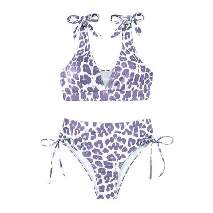 Women's purple leopard print lace-up top and high-waist shorts two-piece suit set