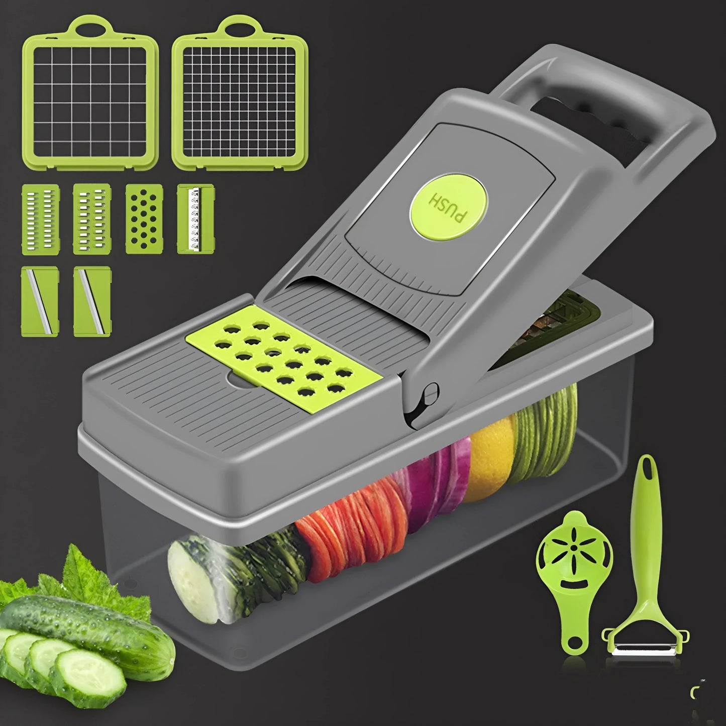 Grey vegetable cutter set with eight stainless steel blades and attachments including garlic press