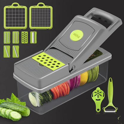 Grey vegetable cutter set with eight stainless steel blades and attachments including garlic press