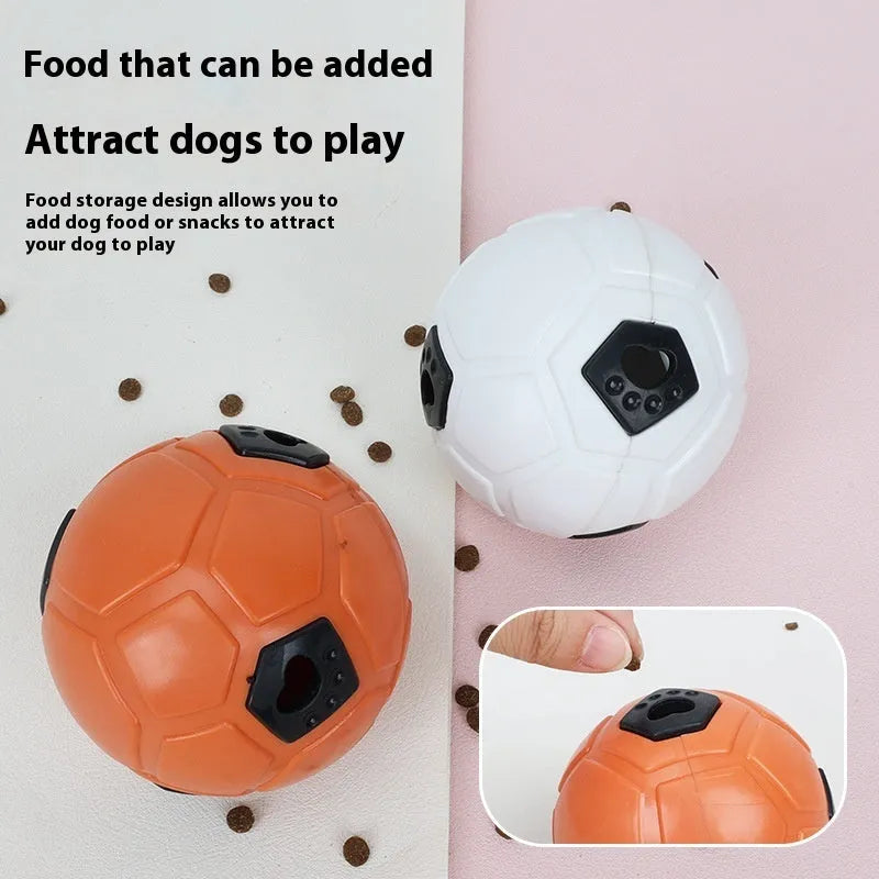 Orange and white TPR dog toy balls, one hollow and one with a teeth cleaning stick, for small dogs
