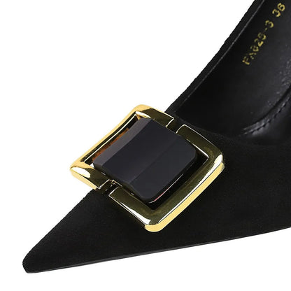 Black suede stiletto heels with 9CM heel height, rubber sole, and pointed toe design